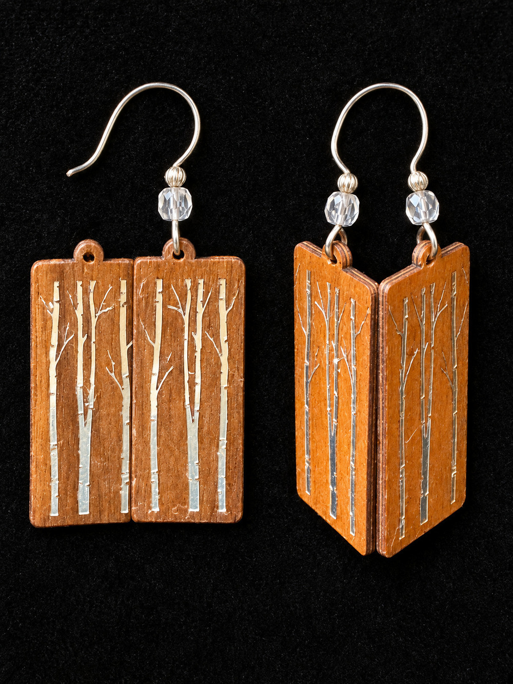 ⚜️ Wood Drop Earrings | Laser Birch Tree | Walnut & Crystal 💗